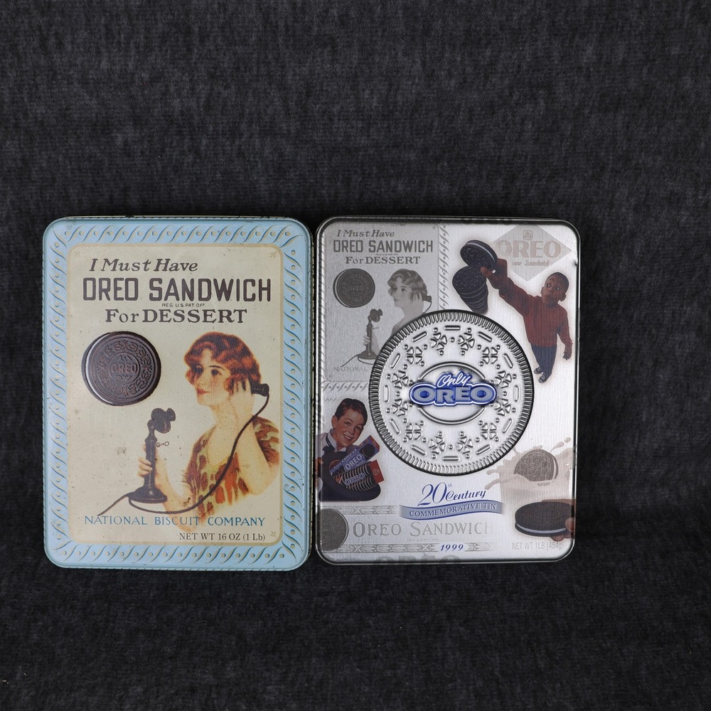 Oreo Sandwich Cookie Tin Canisters Set Of 2 Blue 1918 1999 Commemorative